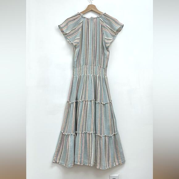 Rails Amelia Sag Harbour Rainbow Stripe Linen Tiered Coastal Flowy Midi Dress XS - Picture 3 of 14